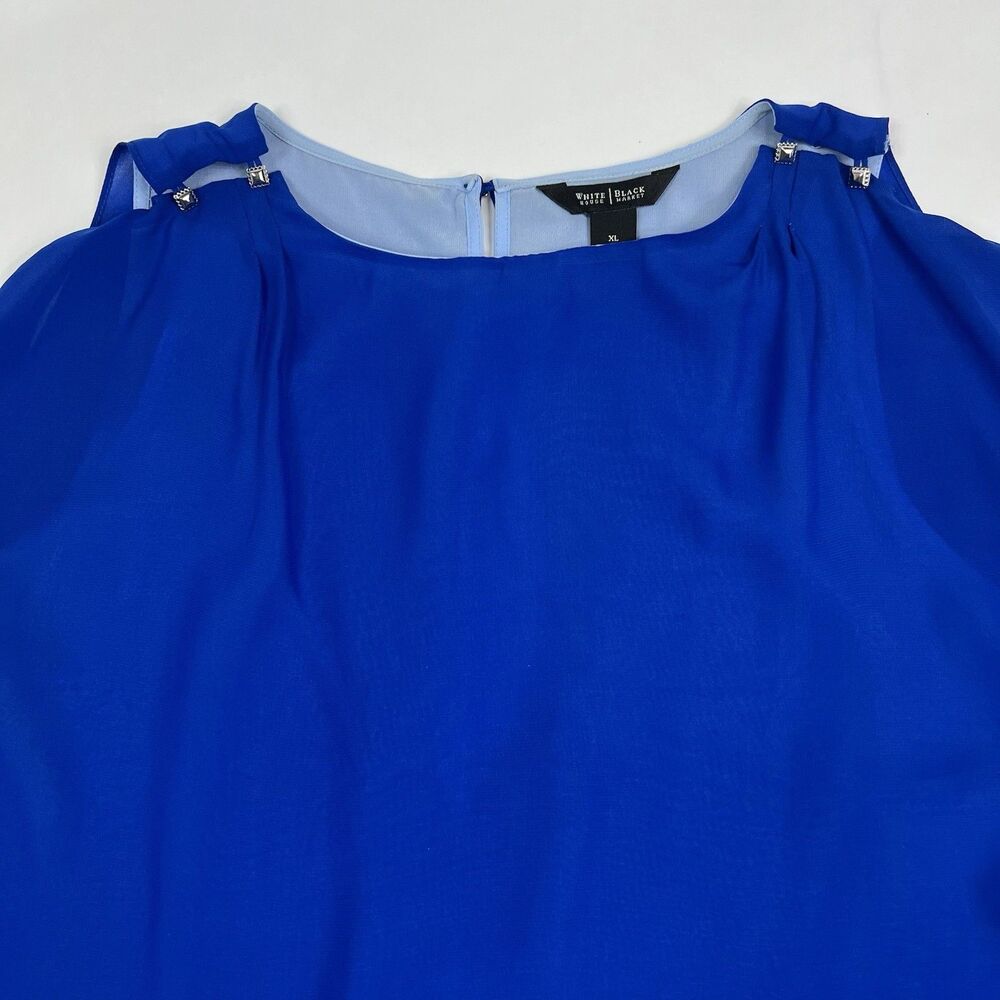 White House Black Market Blue Flowy Chiffon Layered Split Back Sleeveless Top XL - Picture 6 of 12